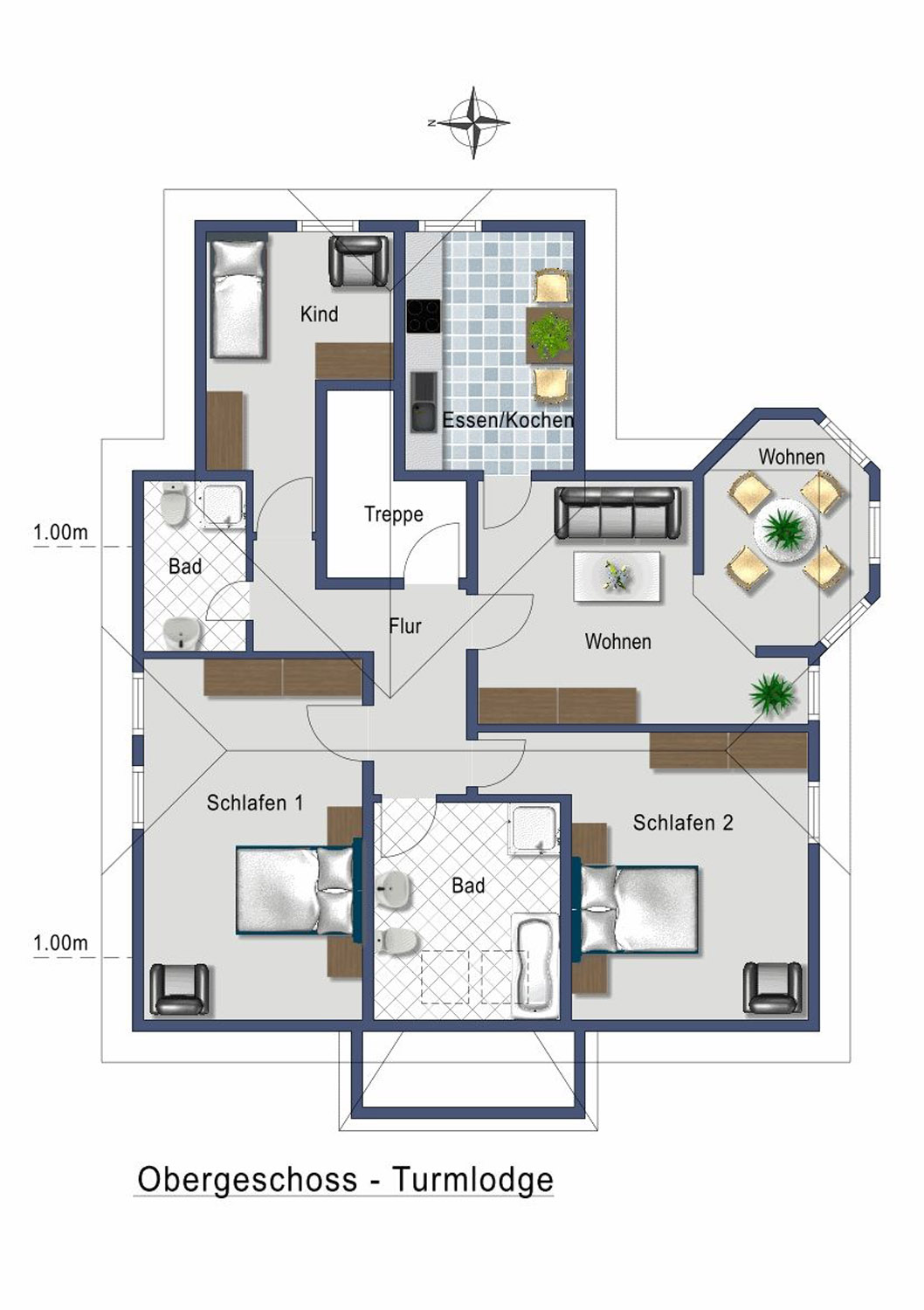Grundriss der Ferienwohnung im 1. OG mit 3 Schlafzimmern, 2 Baedern, Wohn- und Essbereich und Kueche